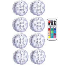 Load image into Gallery viewer, Submersible LED Lights, Underwater Waterproof Battery Operated Remote Control Wireless Multi Color 10 LED RGB Tub Swimming Pool