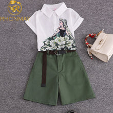 Load image into Gallery viewer, 2020 summer 2 pieces suits girl print chiffon blouse shirt women tops + shorts set Women two piece set tracksuit With Belt
