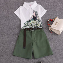 Load image into Gallery viewer, 2020 summer 2 pieces suits girl print chiffon blouse shirt women tops + shorts set Women two piece set tracksuit With Belt