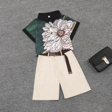 Load image into Gallery viewer, 2020 summer 2 pieces suits girl print chiffon blouse shirt women tops + shorts set Women two piece set tracksuit With Belt