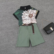 Load image into Gallery viewer, 2020 summer 2 pieces suits girl print chiffon blouse shirt women tops + shorts set Women two piece set tracksuit With Belt