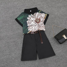 Load image into Gallery viewer, 2020 summer 2 pieces suits girl print chiffon blouse shirt women tops + shorts set Women two piece set tracksuit With Belt