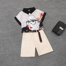 Load image into Gallery viewer, 2020 summer 2 pieces suits girl print chiffon blouse shirt women tops + shorts set Women two piece set tracksuit With Belt