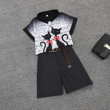 Load image into Gallery viewer, 2020 summer 2 pieces suits girl print chiffon blouse shirt women tops + shorts set Women two piece set tracksuit With Belt