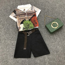 Load image into Gallery viewer, 2020 summer 2 pieces suits girl print chiffon blouse shirt women tops + shorts set Women two piece set tracksuit With Belt