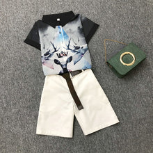 Load image into Gallery viewer, 2020 summer 2 pieces suits girl print chiffon blouse shirt women tops + shorts set Women two piece set tracksuit With Belt
