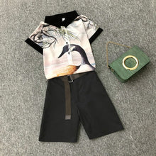 Load image into Gallery viewer, 2020 summer 2 pieces suits girl print chiffon blouse shirt women tops + shorts set Women two piece set tracksuit With Belt