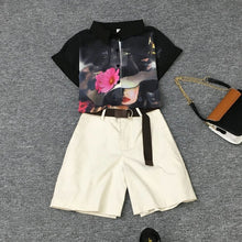 Load image into Gallery viewer, 2020 summer 2 pieces suits girl print chiffon blouse shirt women tops + shorts set Women two piece set tracksuit With Belt