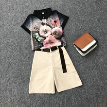 Load image into Gallery viewer, 2020 summer 2 pieces suits girl print chiffon blouse shirt women tops + shorts set Women two piece set tracksuit With Belt