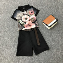 Load image into Gallery viewer, 2020 summer 2 pieces suits girl print chiffon blouse shirt women tops + shorts set Women two piece set tracksuit With Belt