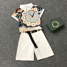 Load image into Gallery viewer, 2020 summer 2 pieces suits girl print chiffon blouse shirt women tops + shorts set Women two piece set tracksuit With Belt