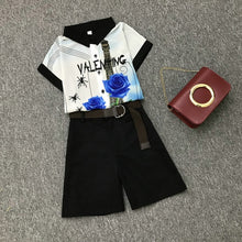 Load image into Gallery viewer, 2020 summer 2 pieces suits girl print chiffon blouse shirt women tops + shorts set Women two piece set tracksuit With Belt