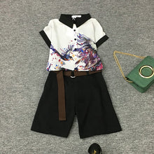 Load image into Gallery viewer, 2020 summer 2 pieces suits girl print chiffon blouse shirt women tops + shorts set Women two piece set tracksuit With Belt