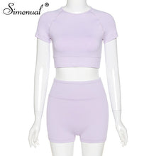Load image into Gallery viewer, Simenual Casual Sporty Active Wear Matching Sets Women Short Sleeve Workout Solid 2 Piece Outfits Basic Crop Top And Shorts Set