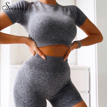 Load image into Gallery viewer, Simenual Casual Sporty Active Wear Matching Sets Women Short Sleeve Workout Solid 2 Piece Outfits Basic Crop Top And Shorts Set