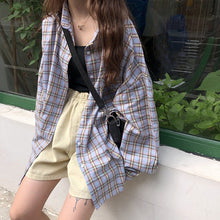 Load image into Gallery viewer, New Arrival Women Vintage Plaid Oversized Blouse Batwing Sleeve Turn Down Collar Purple Shirt Button Up Casual Tops T04007F