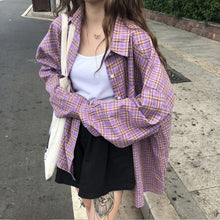 Load image into Gallery viewer, New Arrival Women Vintage Plaid Oversized Blouse Batwing Sleeve Turn Down Collar Purple Shirt Button Up Casual Tops T04007F