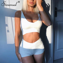 Load image into Gallery viewer, Simenual Drawstring Athleisure Casual Matching Sets Women Strap V Neck Active Wear Two Piece Outfits Solid Top And Shorts Set