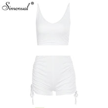 Load image into Gallery viewer, Simenual Drawstring Athleisure Casual Matching Sets Women Strap V Neck Active Wear Two Piece Outfits Solid Top And Shorts Set