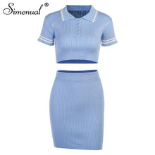 Load image into Gallery viewer, Simenual Knitting Ribbed Fashion Women Two Piece Sets Short Sleeve Casual Bodycon Outfits Button Crop Top And Skirt Co-ord Set