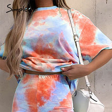 Load image into Gallery viewer, Simplee Casual outfits women's two piece suits Tie dye printing backsuits T-shirt suit Sports style bicycles shorts set 2020 NEW