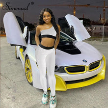 Load image into Gallery viewer, Simenual Casual Fitness Sporty Co-ord Sets Women One Shoulder Crop Top And Leggings Two Piece Outfits Sleeveless Active Wear New