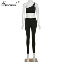 Load image into Gallery viewer, Simenual Casual Fitness Sporty Co-ord Sets Women One Shoulder Crop Top And Leggings Two Piece Outfits Sleeveless Active Wear New