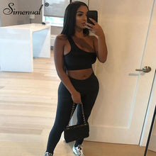 Load image into Gallery viewer, Simenual Casual Fitness Sporty Co-ord Sets Women One Shoulder Crop Top And Leggings Two Piece Outfits Sleeveless Active Wear New