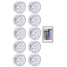 Load image into Gallery viewer, 10 Led Remote Controlled RGB Submersible Light Battery Operated Underwater Night Lamp Outdoor Vase Bowl Garden Party Decoration