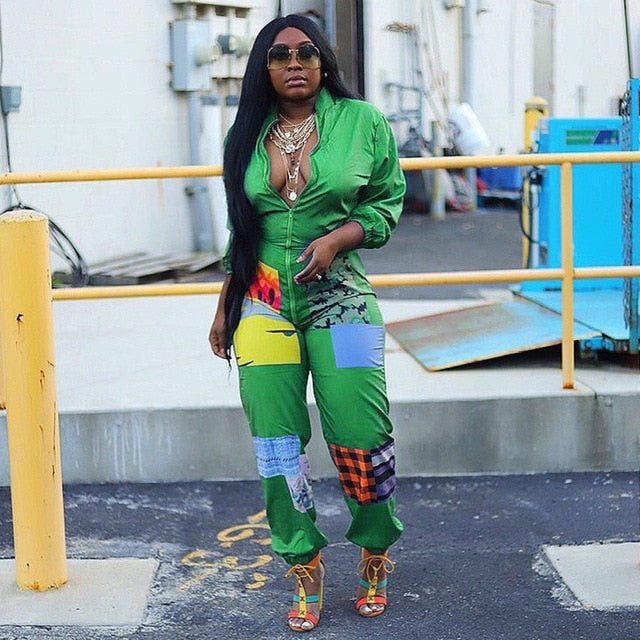 Plaid Panelled Sexy Jumpsuit for Women Standing Collar Front Zipper Slim Playsuit Party Clubwear Long Sleeve Plus Size Rompers