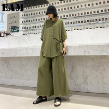 Load image into Gallery viewer, [EAM] Wide Leg Pants Two Piece Suit New Lapel Three-quarter Sleeve Green Loose Fit Women Fashion Tide Spring Autumn 2020 1T779

