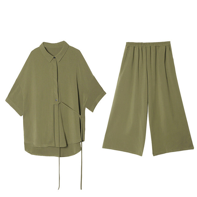 [EAM] Wide Leg Pants Two Piece Suit New Lapel Three-quarter Sleeve Green Loose Fit Women Fashion Tide Spring Autumn 2020 1T779