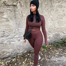 Load image into Gallery viewer, Simenual Basic Solid Skinny Women Two Piece Set Casual Fashion Workout Active Wear Bodycon Outfits Long Sleeve Top And Pants Set
