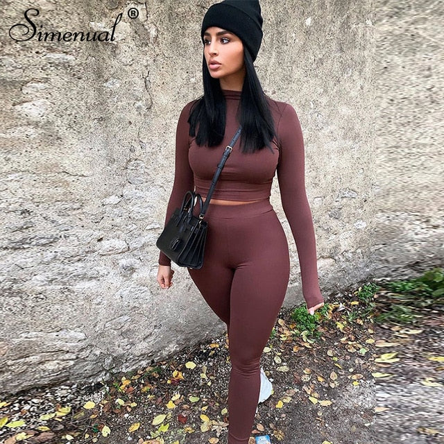 Simenual Basic Solid Skinny Women Two Piece Set Casual Fashion Workout Active Wear Bodycon Outfits Long Sleeve Top And Pants Set