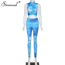 Load image into Gallery viewer, Simenual Tie Dye Workout Casual Matching Sets Women Ruched Zipper Sleeveless Two Piece Outfits Push Up Sporty Top And Pants Set
