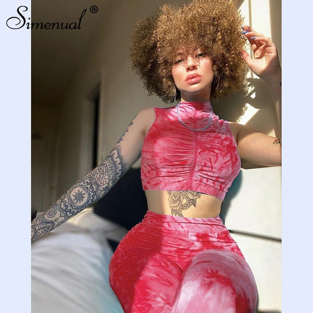 Simenual Tie Dye Workout Casual Matching Sets Women Ruched Zipper Sleeveless Two Piece Outfits Push Up Sporty Top And Pants Set