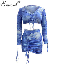 Load image into Gallery viewer, Simenual Tie Dye Print Drawstring Sexy Co-ord Sets Women Long Sleeve Ruched Sexy 2 Piece Outfits Club Bodycon Top And Skirt Set
