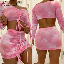 Load image into Gallery viewer, Simenual Tie Dye Print Drawstring Sexy Co-ord Sets Women Long Sleeve Ruched Sexy 2 Piece Outfits Club Bodycon Top And Skirt Set
