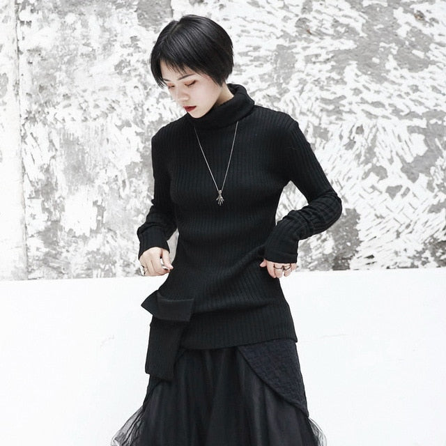 [EAM] Black Pocket Stitch Knitting Sweater Loose Fit Turtleneck Long Sleeve Women Pullovers New Fashion Tide Spring 2020 JI097