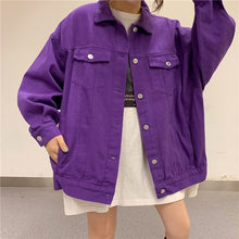 Load image into Gallery viewer, Streetwear Oversize Denim Jacket For Women Casual Candy Color Purple Bomber Jeans Coat BF Style Loose Outwear tops A9025
