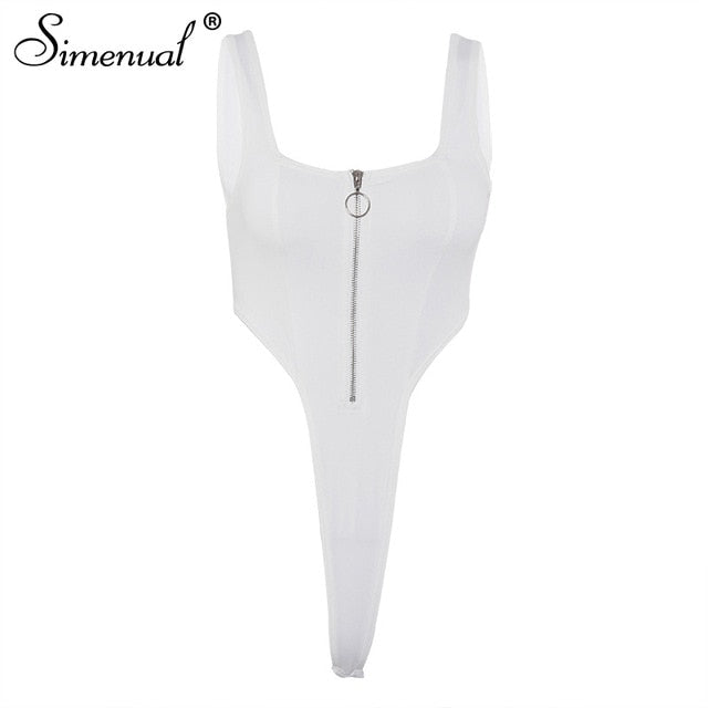 Simenual Zipper Sexy Hot Women Bodycon Bodysuits Sleeveless Fashion 2020 Summer Solid Clubwear Square Collar Bodysuit Basic Slim
