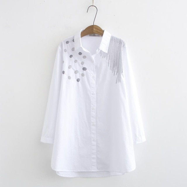 New Arrival Women Dot Embroidery Cotton White Shirt Turn Down Collar Long Sleeve Blouse Plus Size 4XL Tops Casual Feminina Blusa