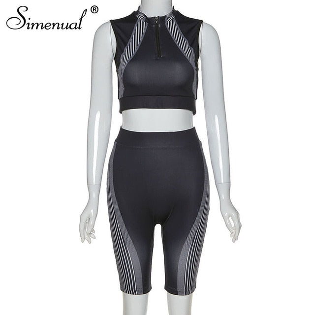 Simenual Casual Sporty Active Wear Matching Set Women Sleeveless Workout Zipper 2 Piece Outfits Tank Top And Biker Shorts Sets