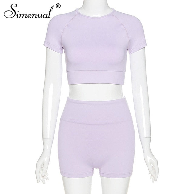 Simenual Casual Sporty Active Wear Matching Sets Women Short Sleeve Workout Solid 2 Piece Outfits Basic Crop Top And Shorts Set