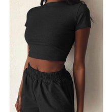 Load image into Gallery viewer, Women's 2-Piece Outfit Set Cozy Sport Fitness Set Solid Color Round Neck Crop Short Sleeve Top Short High Waist Pants Set
