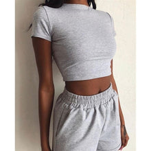 Load image into Gallery viewer, Women's 2-Piece Outfit Set Cozy Sport Fitness Set Solid Color Round Neck Crop Short Sleeve Top Short High Waist Pants Set
