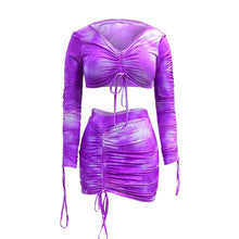 Load image into Gallery viewer, Simenual Tie Dye Print Drawstring Sexy Co-ord Sets Women Long Sleeve Ruched Sexy 2 Piece Outfits Club Bodycon Top And Skirt Set
