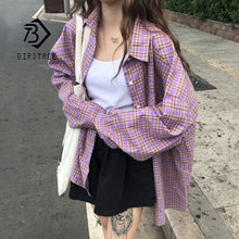 Load image into Gallery viewer, New Arrival Women Vintage Plaid Oversized Blouse Batwing Sleeve Turn Down Collar Purple Shirt Button Up Casual Tops T04007F
