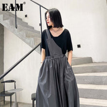 Load image into Gallery viewer, [EAM] Pleated Wide Leg Pants Two Pieces Suit New Round Neck Half Sleeve Black Loose Women Fashion Tide Spring Summer 2020 1W215
