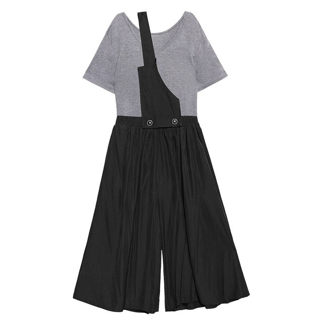 [EAM] Pleated Wide Leg Pants Two Pieces Suit New Round Neck Half Sleeve Black Loose Women Fashion Tide Spring Summer 2020 1W215